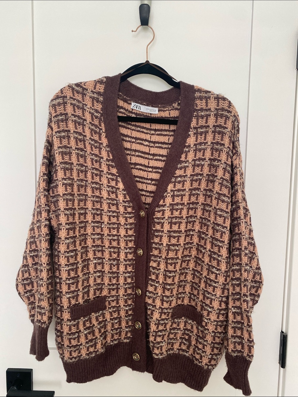 Zara Brown and Cream Textured V-Neck Button Cardigan